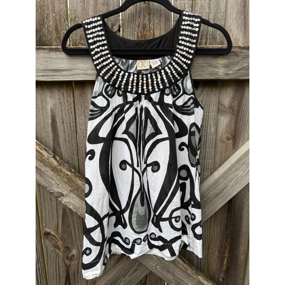 100% Cotton Sequin Black White Abstract Sequin Scoop Neck Cotton Tank Top Large